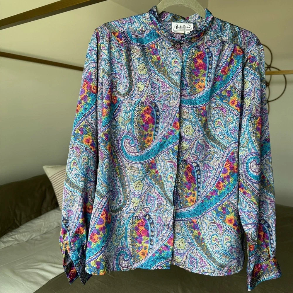 Vintage Paisley Button Up Blouse Purple Shirt M 10 Boho Office-Core 70s 80s 90s - Picture 5 of 5